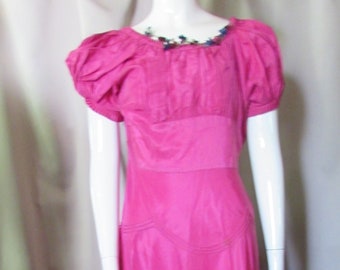 SALE Vintage Dress 1940 Style Dance Dress Raspberry Satin Pleated Ruffles Skirt Flounces Cummerbund Waist Violet Spray