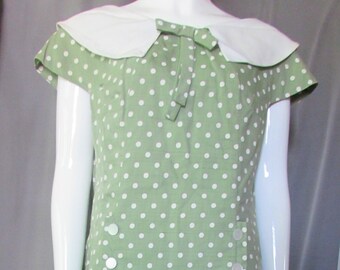 1960 Era Office Dress Sage Green White Polka Dot Sheath Style Linen Collar Out to Lunch Dress Vintage Clothing Ladies Dresses