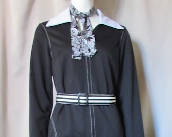 SALE 1970 Era Polyester Day Dress Black White Striped Belt Flare Collar Flutterbye Brand White Topstitching Paisley Neck Scarf