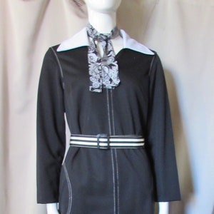 SALE 1970 Era Polyester Day Dress Black White Striped Belt Flare Collar Flutterbye Brand White Topstitching Paisley Neck Scarf