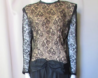 SALE! Vintage Dress Cocktail Dress Black Lace Copper Taffeta Black Taffeta Drop Waist Peplum with Bow Long Lace Sleeves