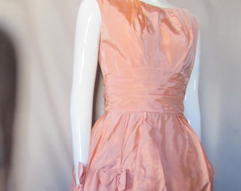 Mid Century Melon Taffeta Cocktail Dress: Bow Bedecked Full Skirt