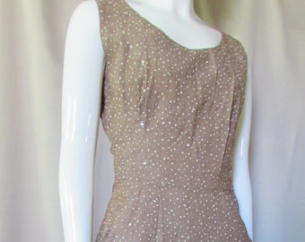 1950 Era Wiggle Sheath Chocolate Brown Cream Dots Clear Rhinestones Scoop Neckline Sleeveles Arms Pencil Skirt Vintage Clothing