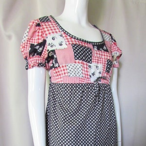 Vintage Dress 1970 Era Glenbrooke Design Patchwork Cotton Long Dress Black White Red Empire Waist Hem Ruffle Summer Dress
