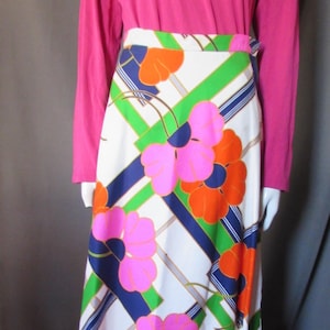 Vintage Skirt Hostess Skirt Oversize Flowers Bright Colors Neon Pink Neon Orange Lime Green Navy Long Skirt 1970 Era