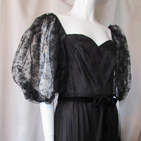 Black Lace Evening Gown Vera Mont Pre 1990 West Germany Flounce Net Skirt Lace Balloon Sleeves Lace Bodice Vintage Clothing Formal Wear