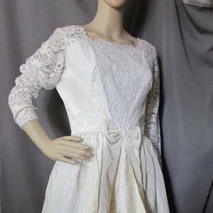 SALE Vintage Bridal Dress Wedding Gown 1960 Era Candlelight Tone Satin & Lace Bouffant Skirt Fitted Bodice Wedding Point Sleeves