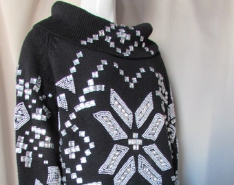 1980 1990 Era Michael Simon Over Size Sweater Black Knit Silver Paillettes Geometric Design Size Tall Vintage Clothing