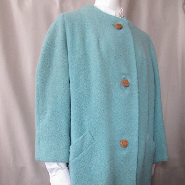 Vintage Coat 1950 Era 1960 Style Spring Coat Turquoise Boucle Hockanum Fabric Ernest of Kranar