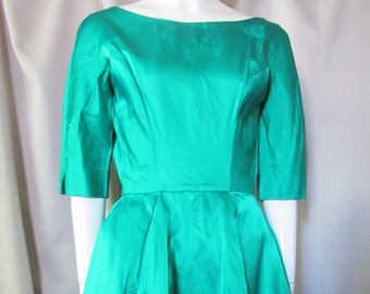 SALE 1950 Era 1960 Era Cocktail Dress Emerald Green Satin Taffeta Bouffant Skirt Boat Neckline Lorrie Deb H Liebes Size 9