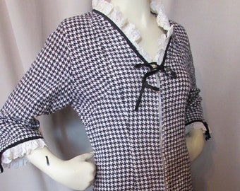1960 Era Black White Houndstooth Fabric Bonded Quilted White Eyelet Lace Black Velveteen Ribbon Vintage Clothing  Charmode Sears Roebuck