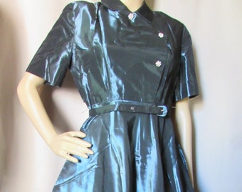 1950 Era Cocktail Dress Iridescent Taffeta Deep Green Dark Blue Rhinestone Buttons Flare Skirt Short Sleeves Vintage Fashions