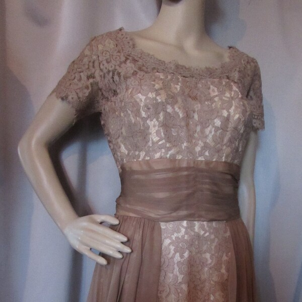 1950 Era Cocktail Dress Norman Originals Lace Chiffon Cocoa Tone Mid Century Design Vintage Clothing Evening Wear Lace Dress Chiffon Panels