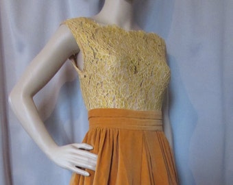 SALE Vintage Dress Prom Dress Dance Dress Lace Bodice Velvet Full Skirt Marigold Lace Pumpkin Spice Skirt 1960 Era Special Event Dress