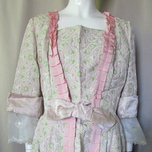 Bridgerton Style Costume  Dress Colonial Style Reproduction Costume Cherry Blossom Pink Apple Green Brocade Two Piece Pinafore Dress