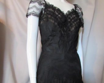 Mid-Century Black Lace Tulle Gown, Cap Sleeves, Ruffled Bust