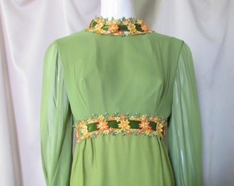 SALE 1970 Era Vintage Long Gown Avocado Green Orang Yellow Daisy Trim Chiffon Sleeves Shantung Like Fabric Size 13