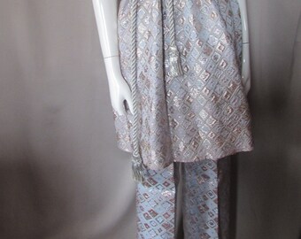 1970 Era Tunic and Slacks Blue Silver Brocade Special Event Eddy George California Sleeveless Tunic Flare Collar Gathered Skirt Slim Pants