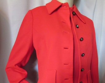 Cherry Red Knit Matched Set Jacket Dress Pleat Skirt Dress Band Collar Lined Jacket Gold Black Buttons 1970 Era Vintage Fashions