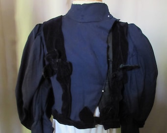 SALE Victorian Ladies Waist Ladies Jacket Leg O Mutton Sleeve Cadet Blue Serge Black Velvet Panels Black Velvet Bows Antique Clothing AS IS