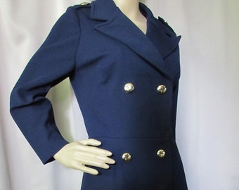 SALE Vintage Coat Dress Nardis of Dallas Navy Blue Polyester Knit Shiny Gold Buttons Spring Fashions Fall Fashions Vintage Clothing Size 14