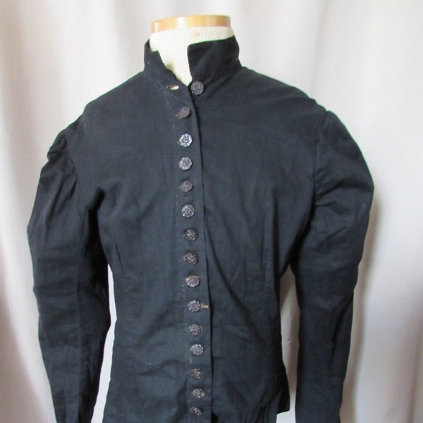 Victorian Era Top or Waist Black Cotton Day Blouse Hand Made 17 Button Close Hand Made Buttonholes XXS Size For Costume For Display