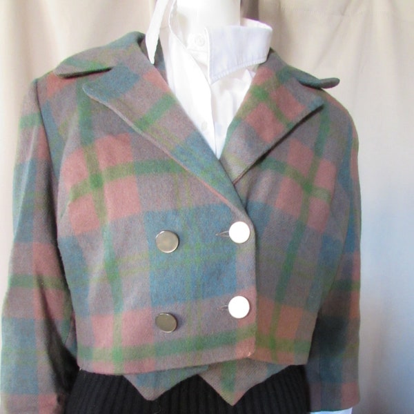 Matching Set Short Jacket Weskit Vest Muted Plaid Slate Blue Cinnamon Brown Union Made Wool Blend