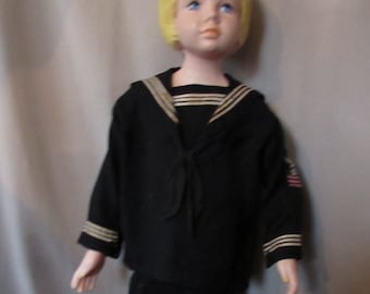 Vintage Costume Child Size Naval Outfit Sailor Style Navy and White Bell Bottom Pants White Trim Top Sailor Insignia