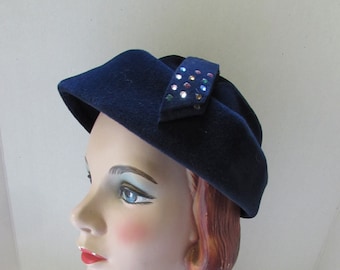 Vintage Hat Velour Rolled Brim Midnight Blue Rhinestone Tab Styled by Janet Opera Imported Velour Made in Italy