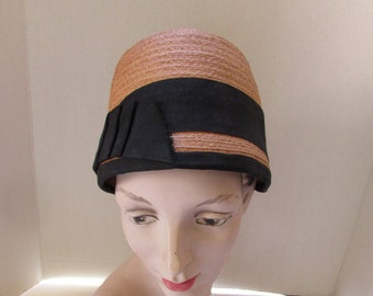 Vintage Hat Cloche Style Woven Straw Black Ribbon Accents Folded Ribbon Tab 1930 Era Summer Hat Spring Hat