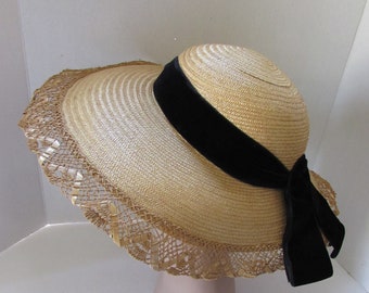 Vintage Hat Straw Hat Wide Brim Black Velvet Ribbon Straw Lace Edge Fisk Model Chicago Spring Hat Summer Hat