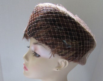 Mid Century Vintage Hat Coq Feathers Wool Felt Tweed Brand 