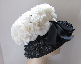 Vintage Hat 1960 Era Bucket Style Hat White Flowers Black Cello Brim Downturn Brim High Crown Compton's Hats Spring Hat Summer Hat