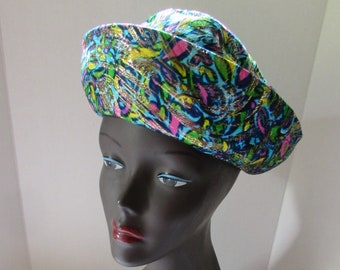 1960 Era Vintage Hat Swirls on Fabric Neon Pink Yellow Turquoise Lime Green Gold Metallic Breton Style Union Made Vintage Fashions