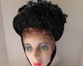 Antique Hats Victorian Era Mourning Bonnet Black Straw Black Silk High Peak Front Coiled Weave Silk Ribbon Late 1800 Hat Vintage Hats