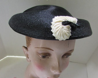Vintage Hat Navy Straw Pancake Style Navy Millinery Straw Ribbon Crescent White Accents Mid Century Design