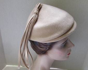 SALE Vintage Hat Mid Century Beige Felt Cone Shaped Looped Tassels Selkirk Brand Henry Pollak 100% Wool Made in USA  Autumn Hat