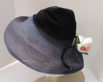 Wide Brim Straw Hat Navy Millinery Straw Purple Crown Red Rose Vintage Hats Mid Century Doree Brand Vintage Hats