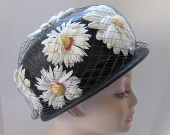 Vintage Hat Bowler Style Black Weave White Daisies Yellow Chenille Centers Black Velvet Band Net Cover All Spring Hat Church Hat 1960 Era