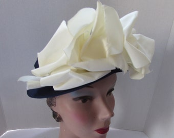 Vintage Hat Mid Century Open Crown Front Ruffle Navy Satin Cream Satin Spring Hat Summer Hat Home Tailored