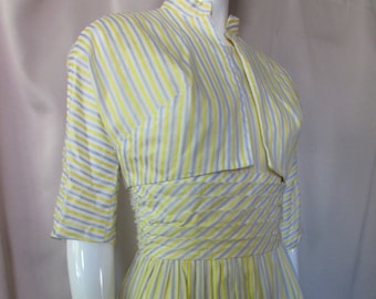 1960 Era Summer Sundress Matching Bolero Yellow Gray White Stripe Cotton Dress Short Jacket Pleated Cummerbund Scoop Neckline Size 11