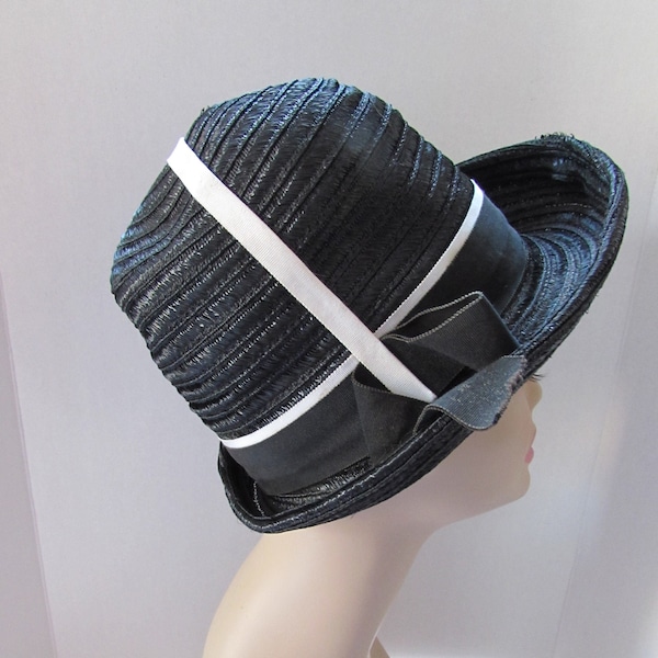 High Crown Hat Black Straw White Stripe Accent 1960 Era 1970 Fashion Vintage Hats Spring Hat Summer Hat Derby Hat Desi Originals