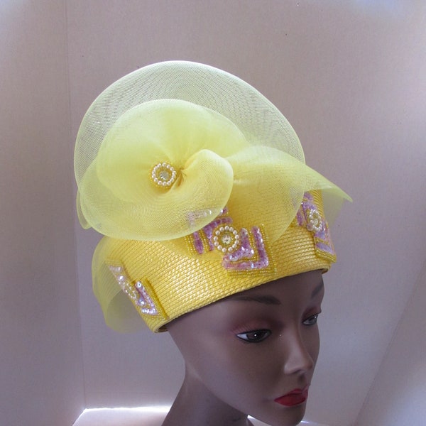 Vintage Hat Church Hat Derby Hat Statement Hat Spring Summer Hat Lemon Yellow Net Swirls Bead Chevrons Mickey Brand