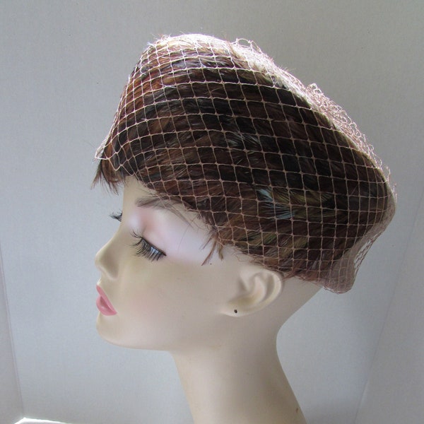 Mid Century Vintage Hat Coq Feathers Wool Felt Tweed Brand Neumann Endler Brown Black Gold Cocoa Fall Hat Winter Hats Union Made