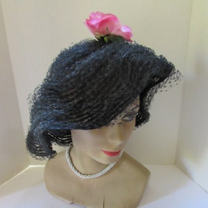 SALE Vintage Hat Black Flocked Net Pink Rose Vincent de Koven Mid Century Hat Unstructured Hat