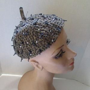 SALE Mid Century Beret Style Hat Olive Green Velvet Black Seed Beads Clear Rhinestones Tube Top Knot Gored Shape Ruth MeCulloch Vintage Hat