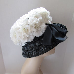 Vintage Hat 1960 Era Bucket Style Hat White Flowers Black Cello Brim Downturn Brim High Crown Compton's Hats Spring Hat Summer Hat