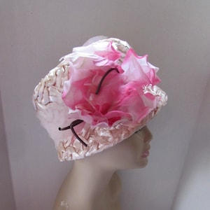 1960 Style Bucket Hat Whisper of Pink Cellophane Weave Huge Rose Decor Spring Hat Summer Hat Vintage Hats