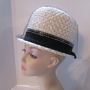 Mid Century Hat Bucket Hat White Millinery Cellophane Black Ribbon Band Del Bene Union Made Vintage Hats 1960 Era 1970 Style image 1