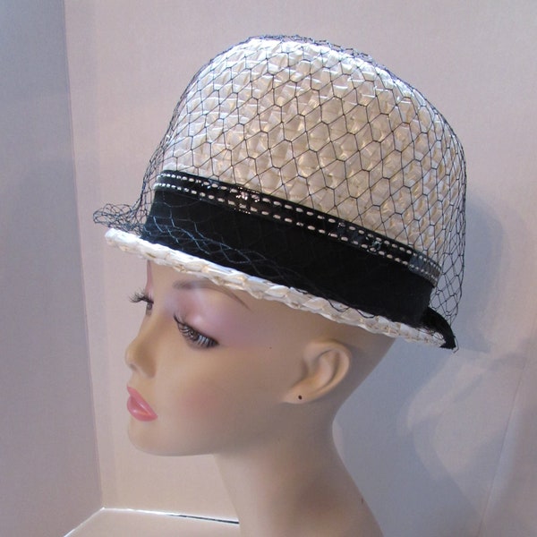 Mid Century Hat Bucket Hat White Millinery Cellophane Black Ribbon Band Del Bene Union Made Vintage Hats 1960 Era 1970 Style